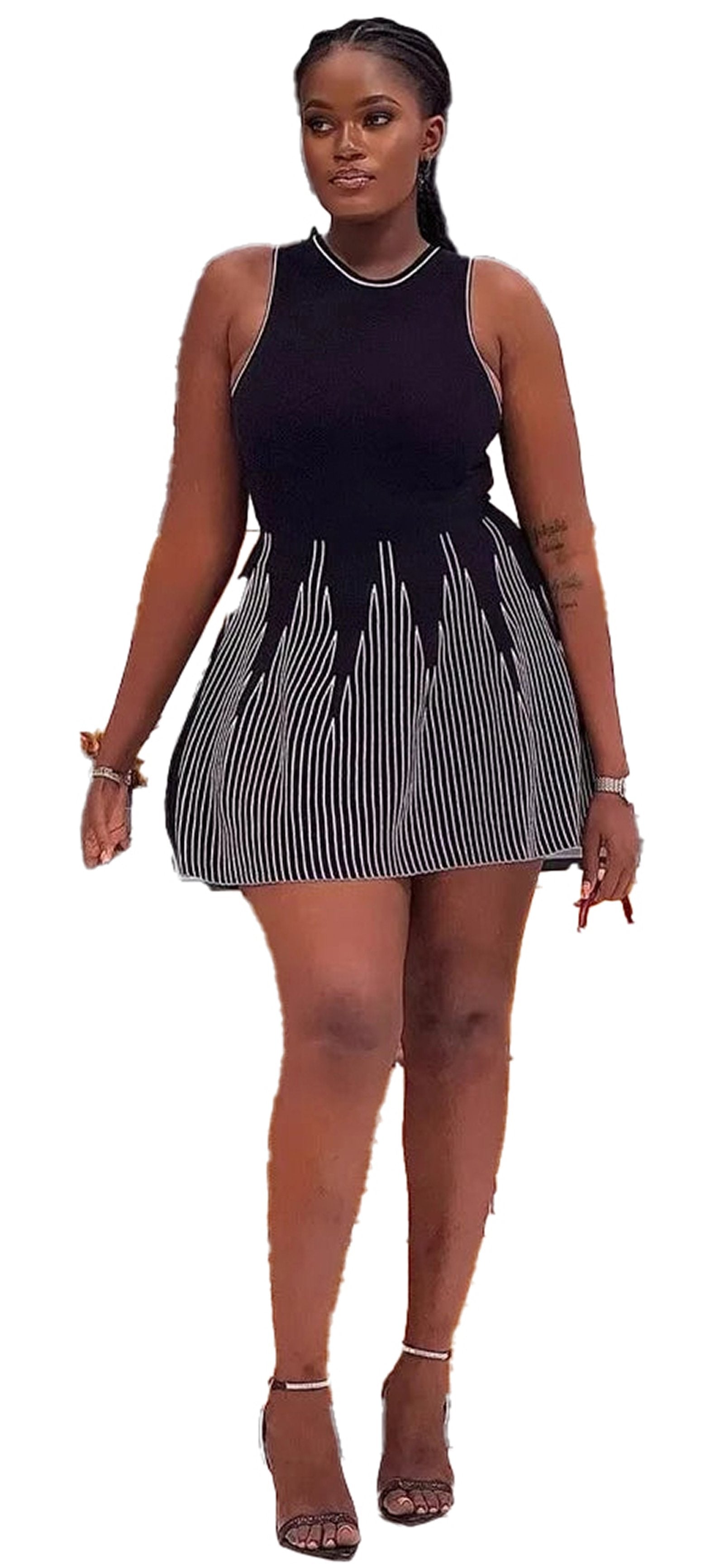 Elegant Y2K mini dress for women featuring a sleeveless design and striped pattern