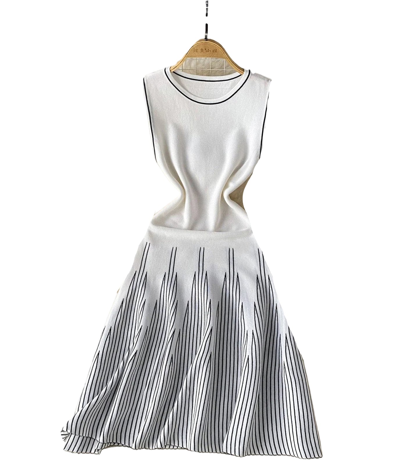 Elegant Y2K mini dress for women in white with black stripes and a flowy silhouette