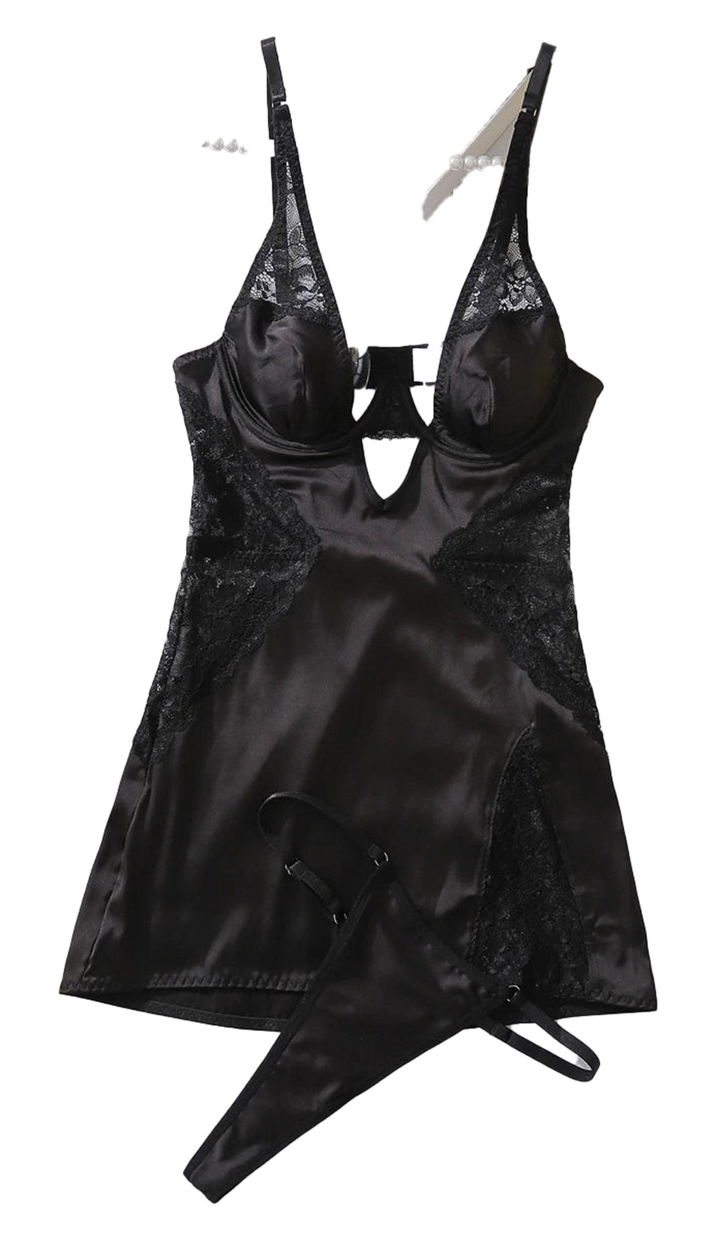Sexy deep v neck satin dress in black with lace details and adjustable straps for a chic look