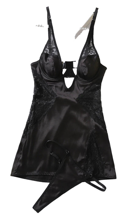 Sexy deep v neck satin dress in black with lace details and adjustable straps for a chic look