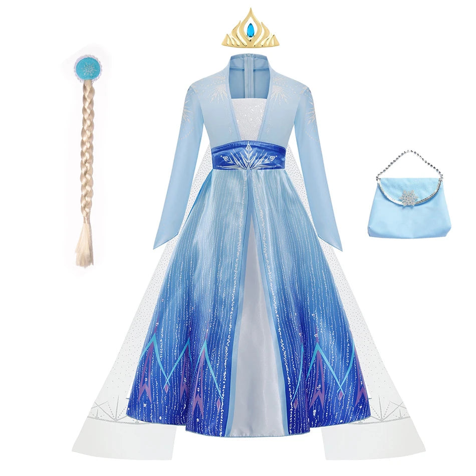 Elsa costume for girls featuring a blue gown, matching crown, hair braid, and purse