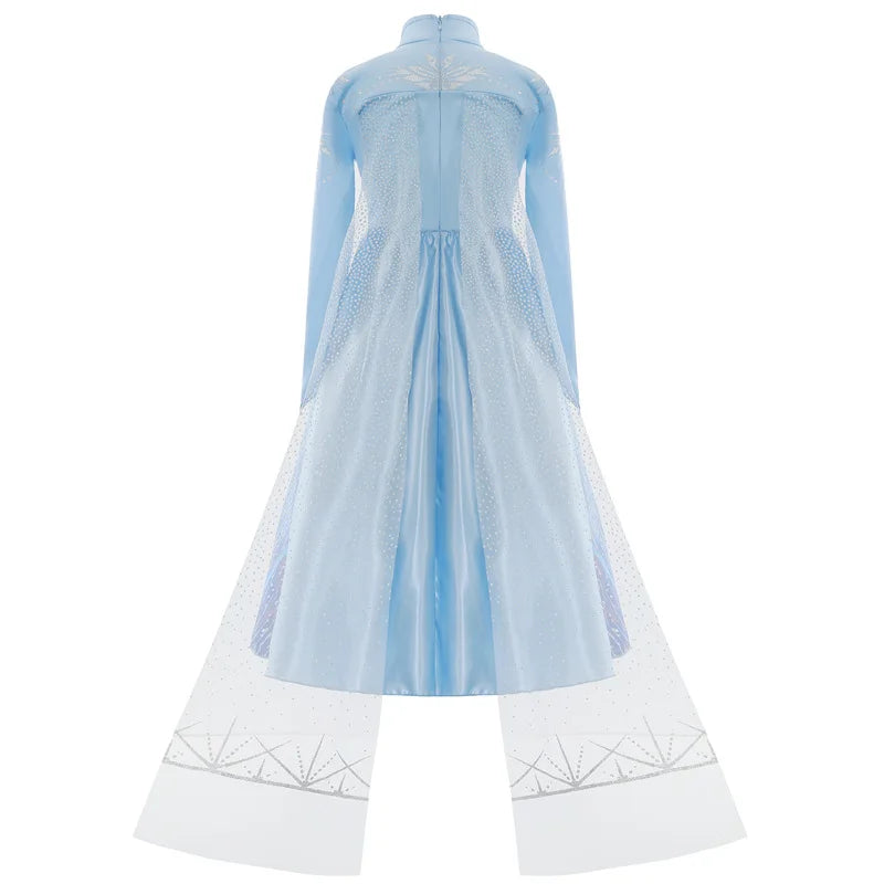 Light blue Elsa costume for girls with intricate patterns and flowing cape design