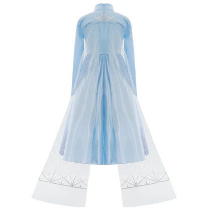 Light blue Elsa costume for girls with intricate patterns and flowing cape design