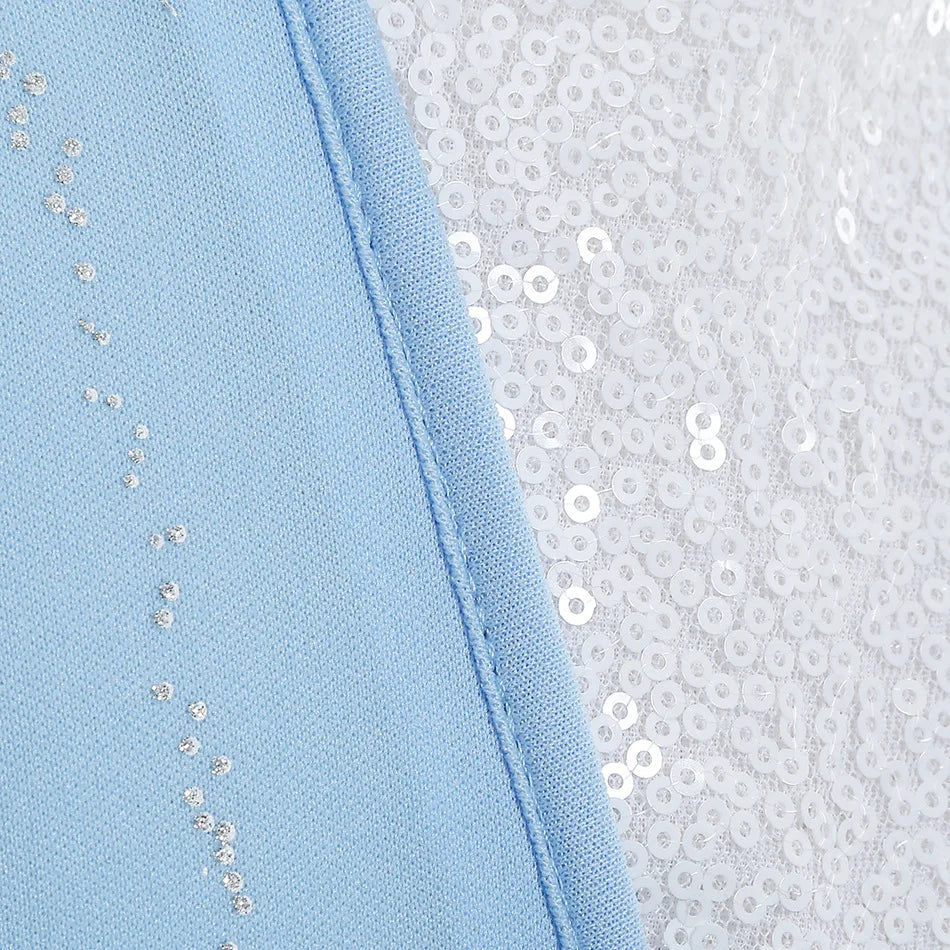 Close-up of sequined fabric details on an Elsa costume for girls by LuckeLadybug LLC