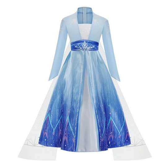 Elsa costume for girls featuring a blue gown with long sleeves and shimmering details