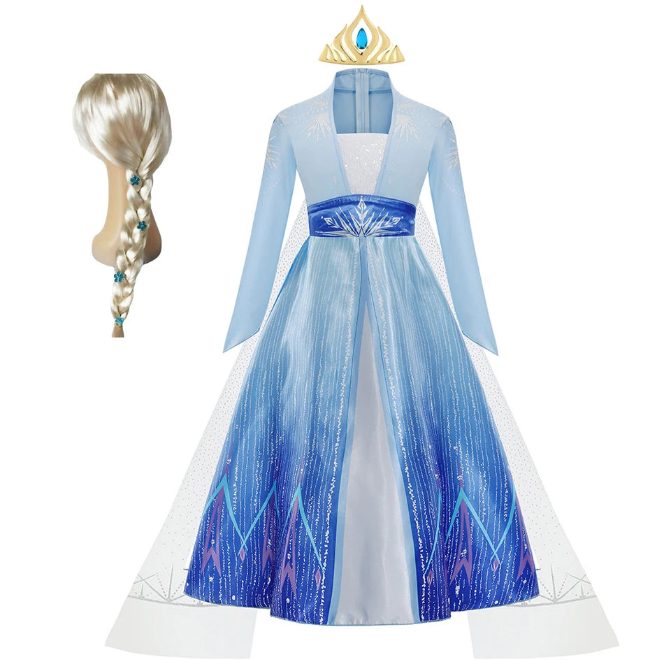 Elsa costume for girls featuring a blue dress and matching crown with a long blonde braid wig