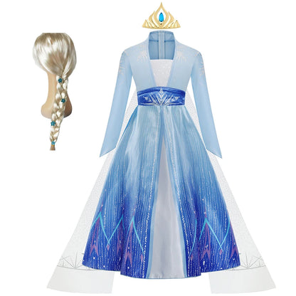 Elsa costume for girls featuring a blue dress and matching crown with a long blonde braid wig