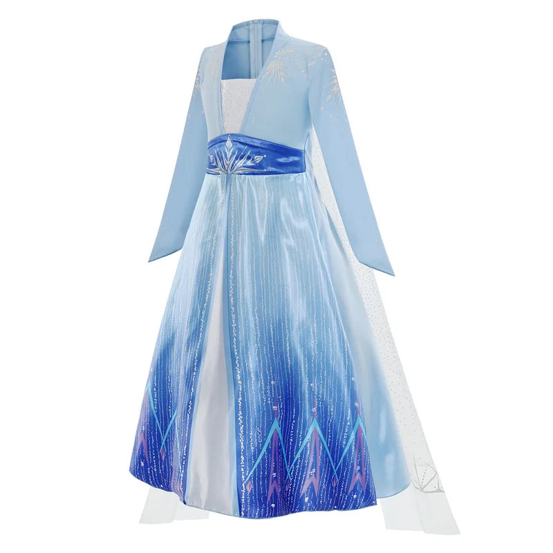 Elsa costume for girls featuring a shimmering blue design with elegant sleeves and a flowing cape