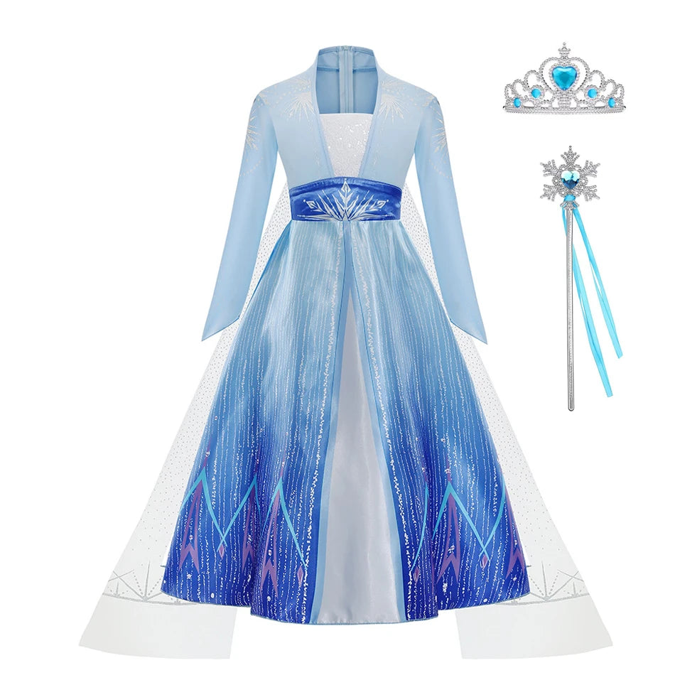 Stunning Elsa costume for girls featuring a blue gown, crown, and magic wand for dress-up fun