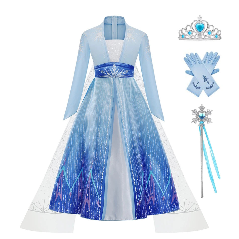 Elsa costume for girls featuring a blue gown, tiara, gloves, and wand for a magical look