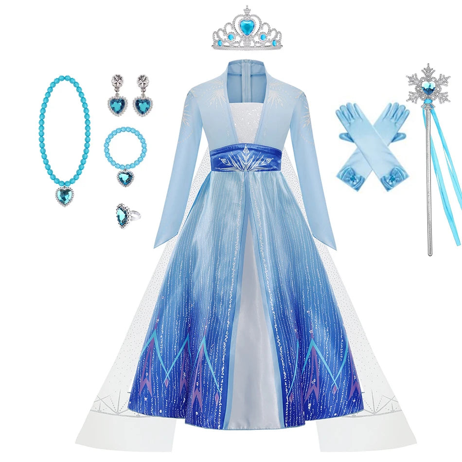Stunning Elsa costume for girls with a blue gown, tiara, accessories, and magical wand