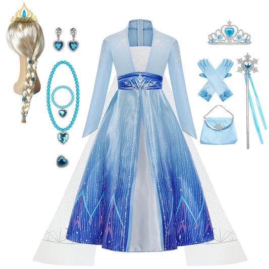 Complete Elsa costume for girls with dress, accessories, and wig for magical princess adventures