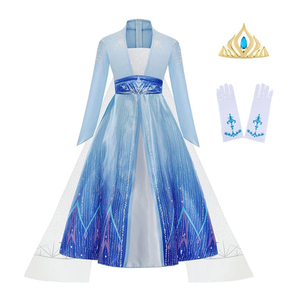 Elsa costume for girls featuring a blue gown, crown, and gloves for magical dress-up play