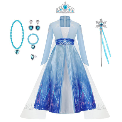 Elsa costume for girls featuring a sparkly blue dress, crown, and matching accessories