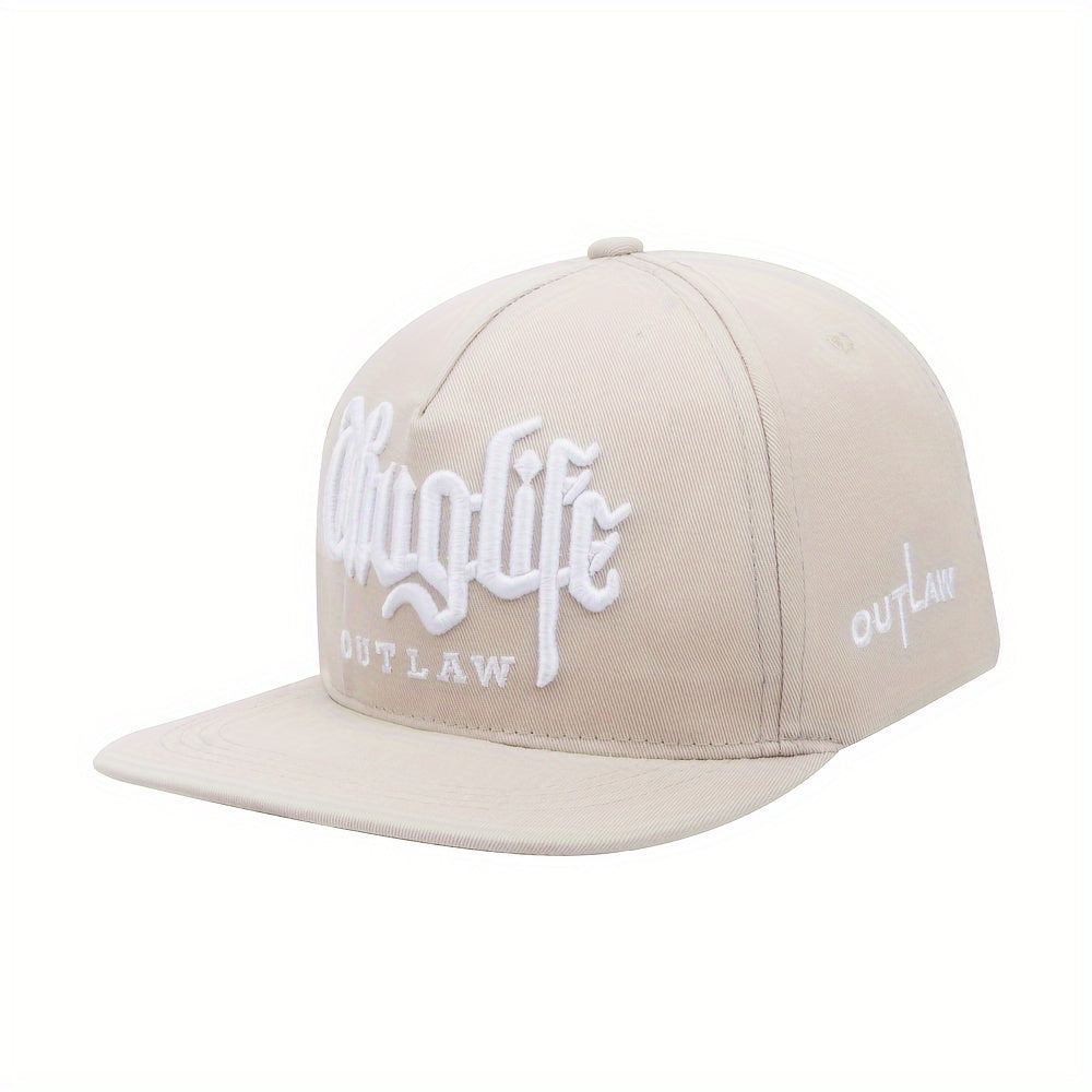 LuckeLadybug LLC Snapback in Beige with Embroidered Text, an embroidered baseball hat for men and women