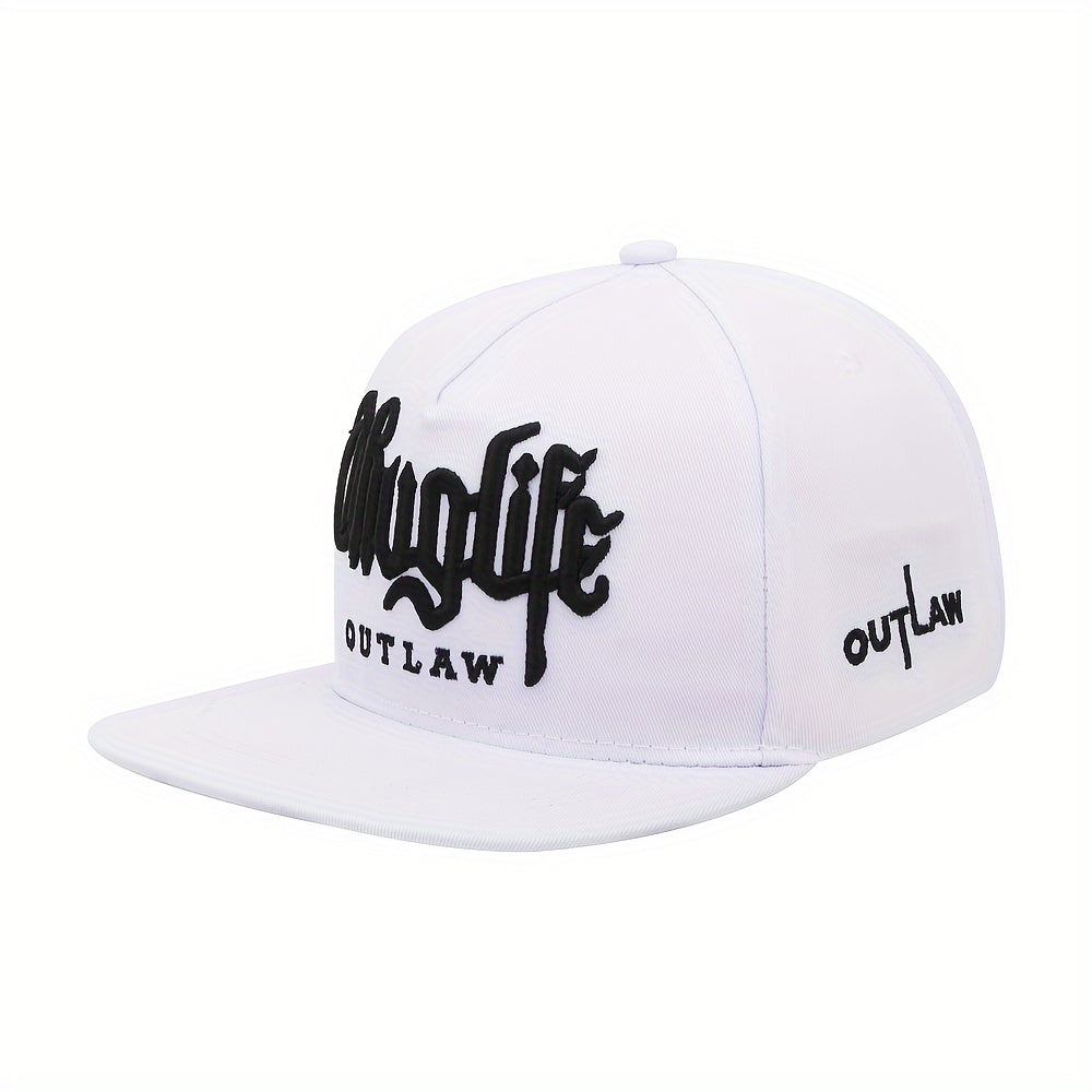 LuckeLadybug embroidered baseball hat for men and women with bold black outlaw lettering on a white snapback