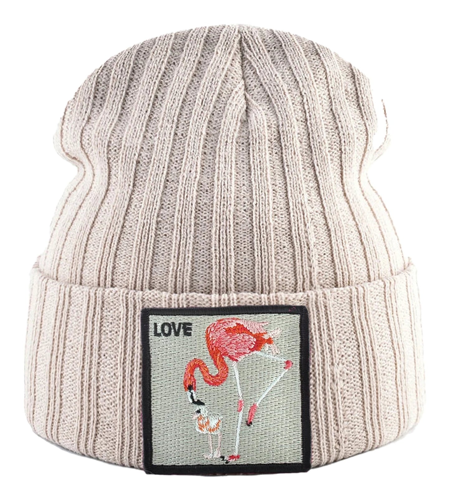LuckeLadybug LLC Embroidered Beanies for Women featuring a flamingo design and cozy ribbed texture.