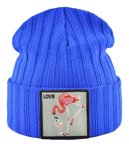 Bright blue embroidered beanie for women featuring a love-themed flamingo design
