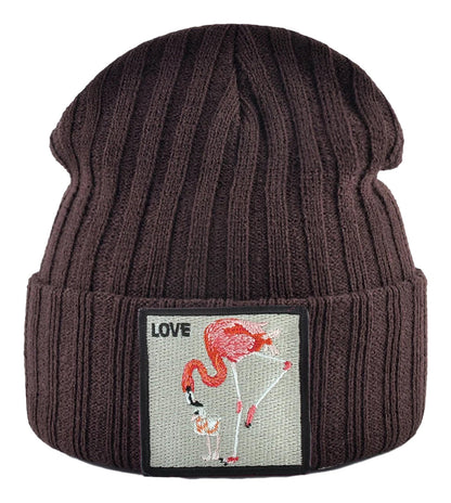 LuckeLadybug embroidered beanies for women featuring a cute flamingo patch and ribbed design