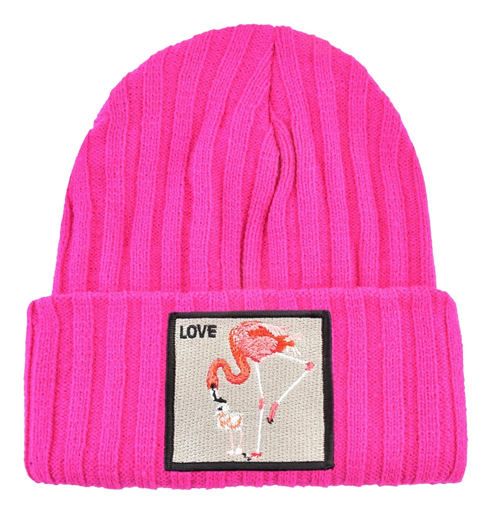 Pink embroidered beanies for women featuring a colorful flamingo design on the front