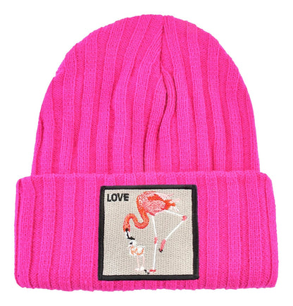 Pink embroidered beanies for women featuring a colorful flamingo design on the front