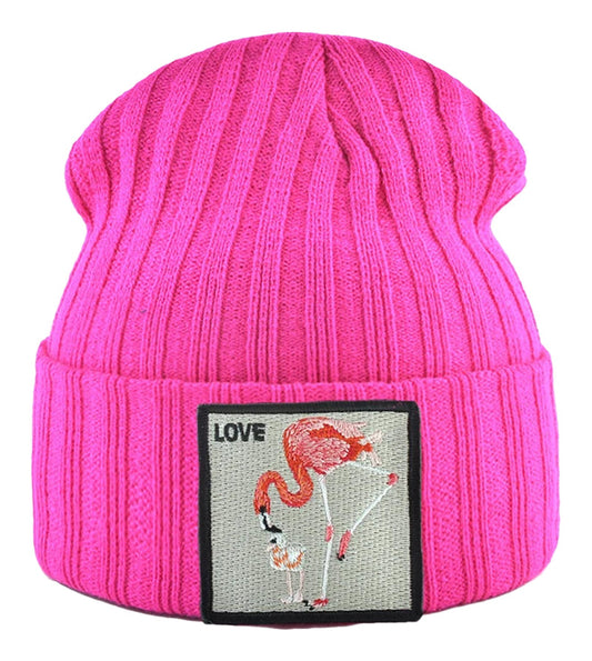 Pink embroidered beanie for women with flamingo patch from LuckeLadybug LLC