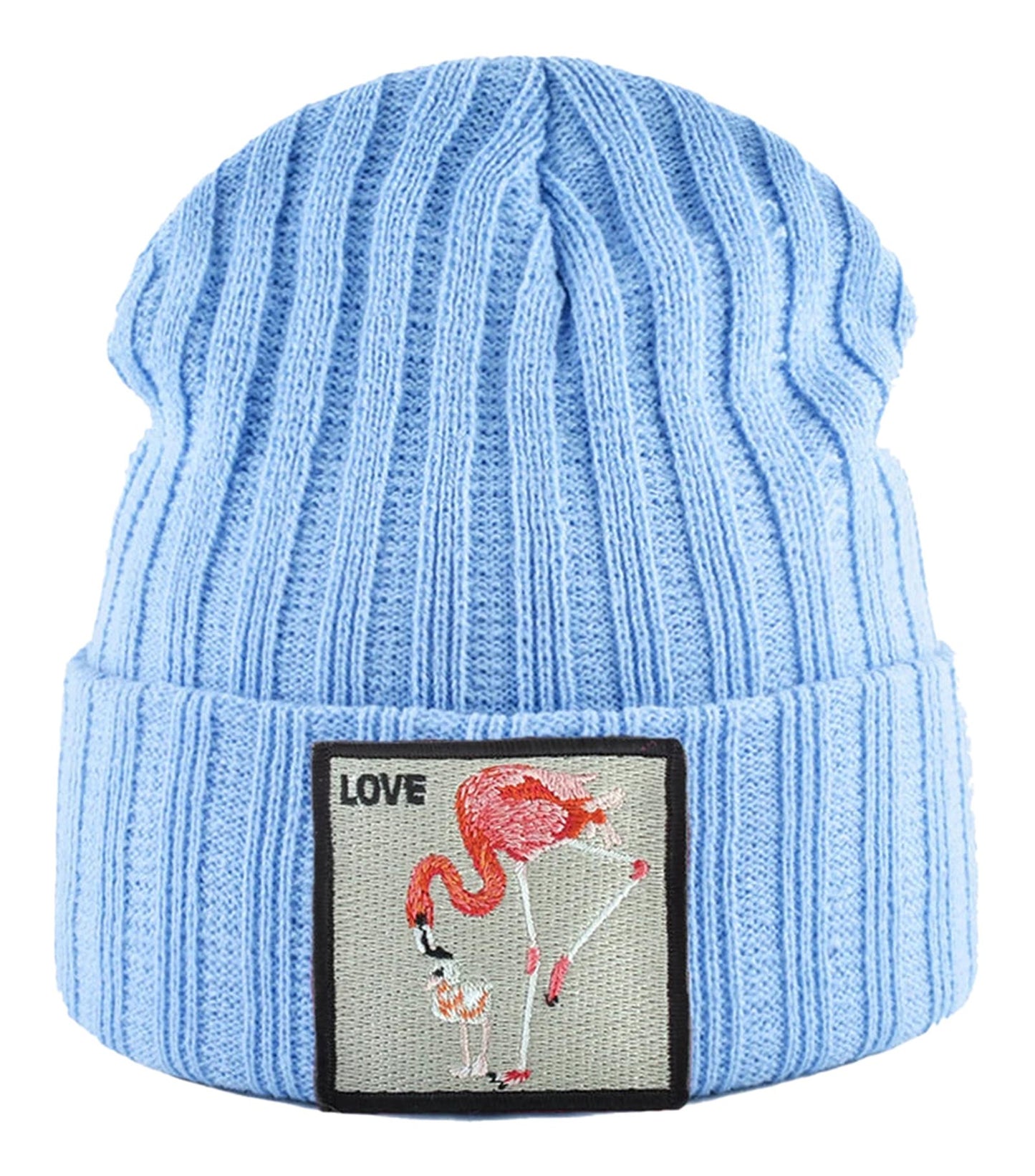Light blue embroidered beanie for women featuring a colorful flamingo design