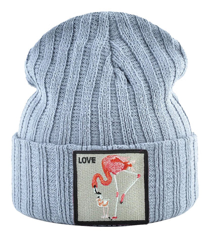 Gray ribbed embroidered beanie for women featuring a flamingo patch with the word Love