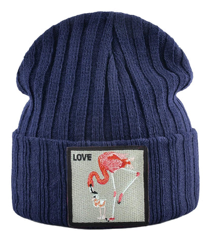 Navy ribbed embroidered beanie for women featuring a flamingo design and the word LOVE