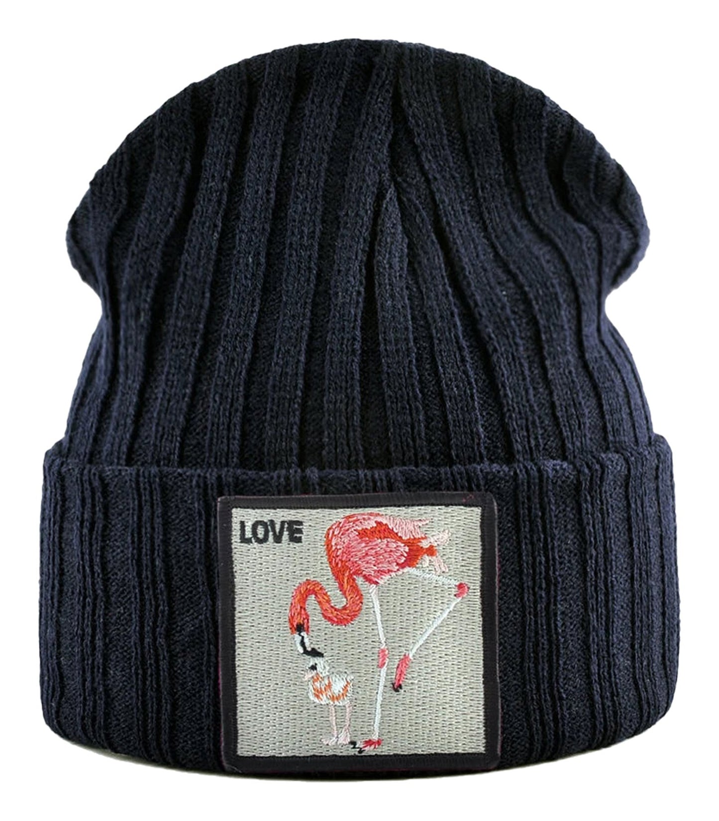 Navy embroidered beanies for women featuring a cute flamingo design and a love patch