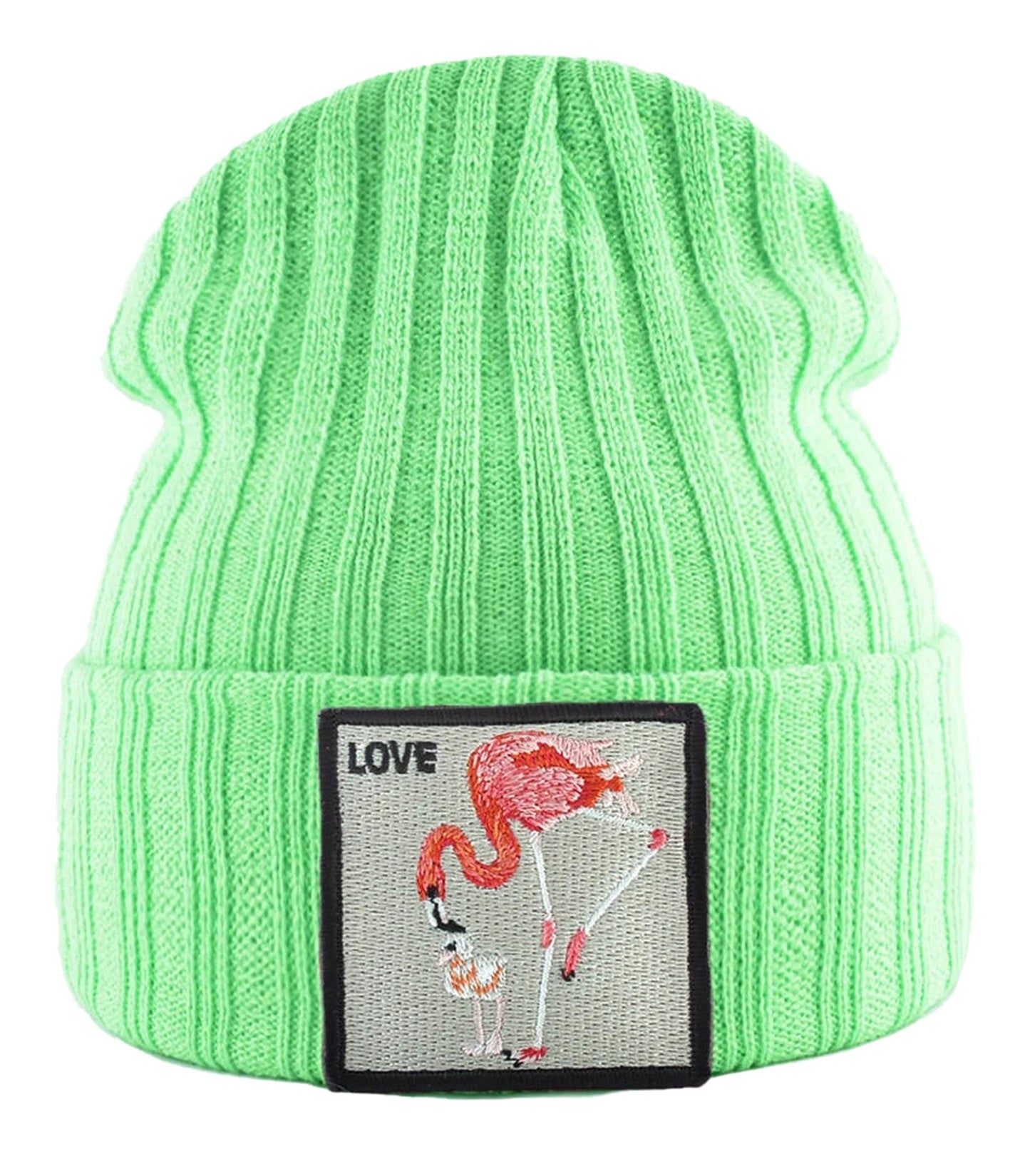 LuckeLadybug LLC Green Embroidered Beanies for Women featuring a Flamingo and Love Patch