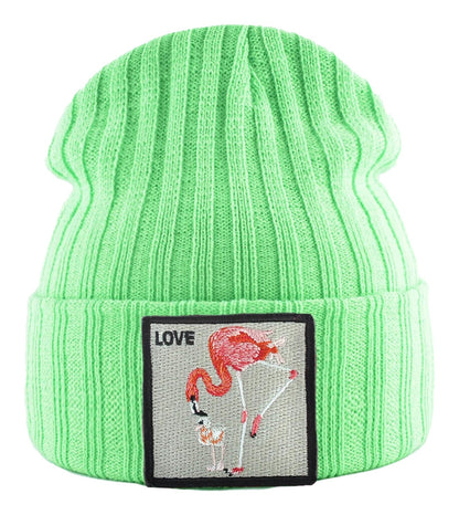 LuckeLadybug LLC Green Embroidered Beanies for Women featuring a Flamingo and Love Patch