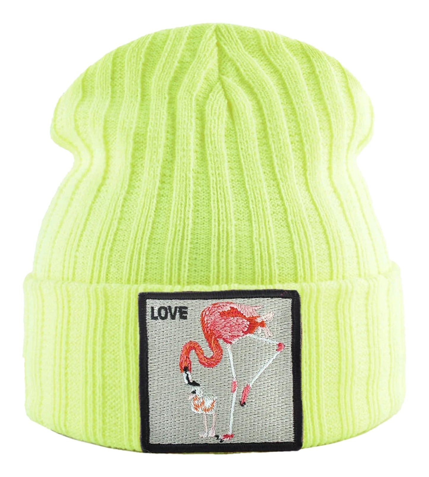 Bright yellow embroidered beanie for women featuring a flamingo design and the word Love