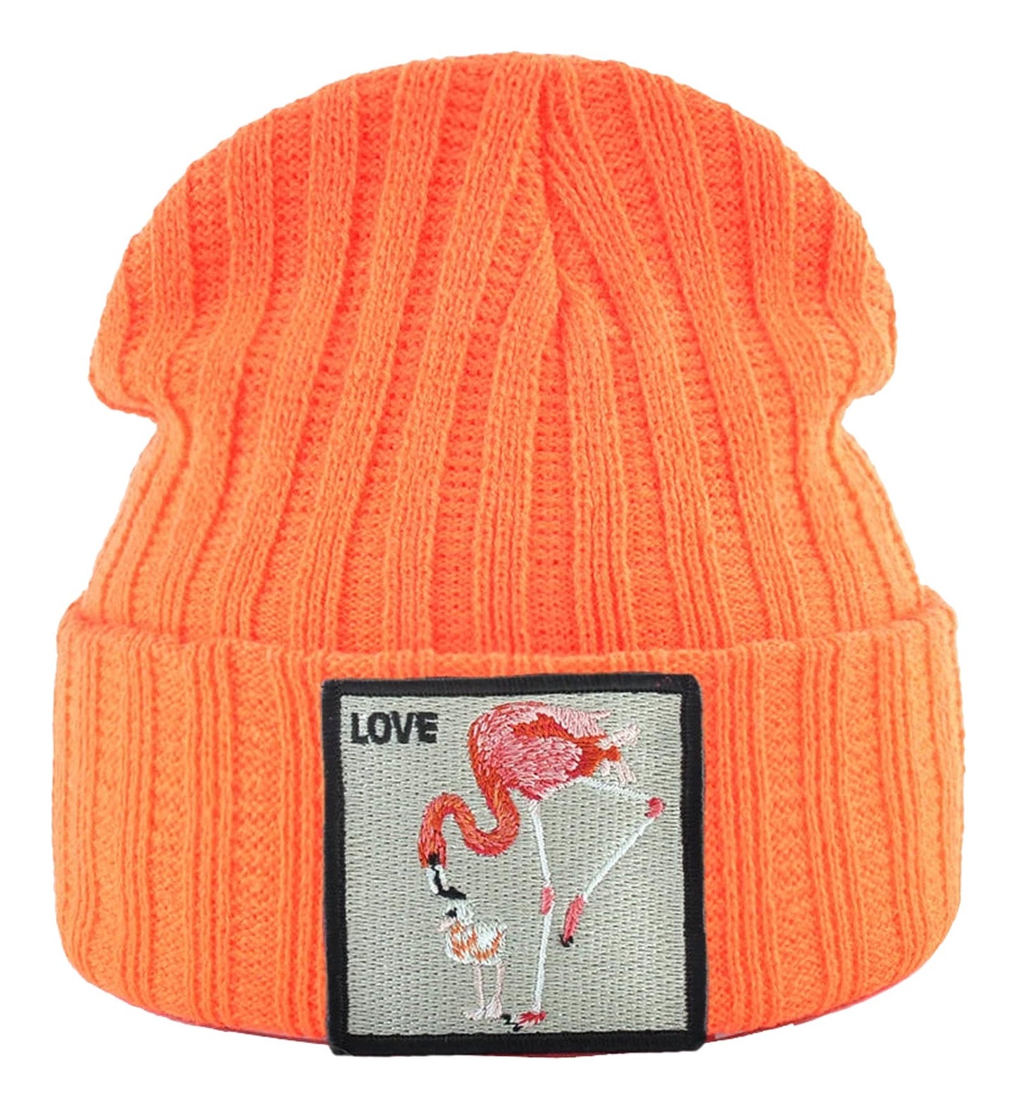 Bright orange embroidered beanie for women with a flamingo design and 'LOVE' patch