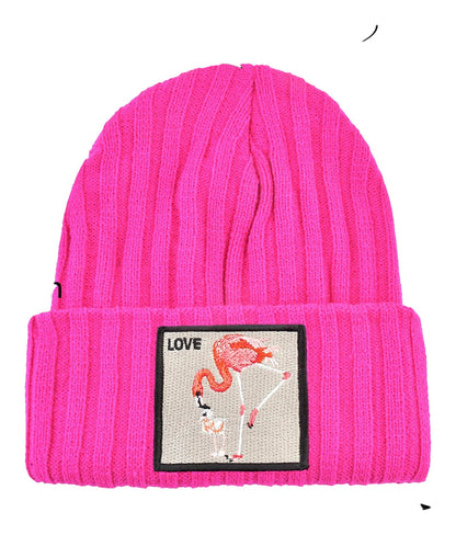 Bright pink embroidered beanies for women featuring a flamingo design and ribbed texture