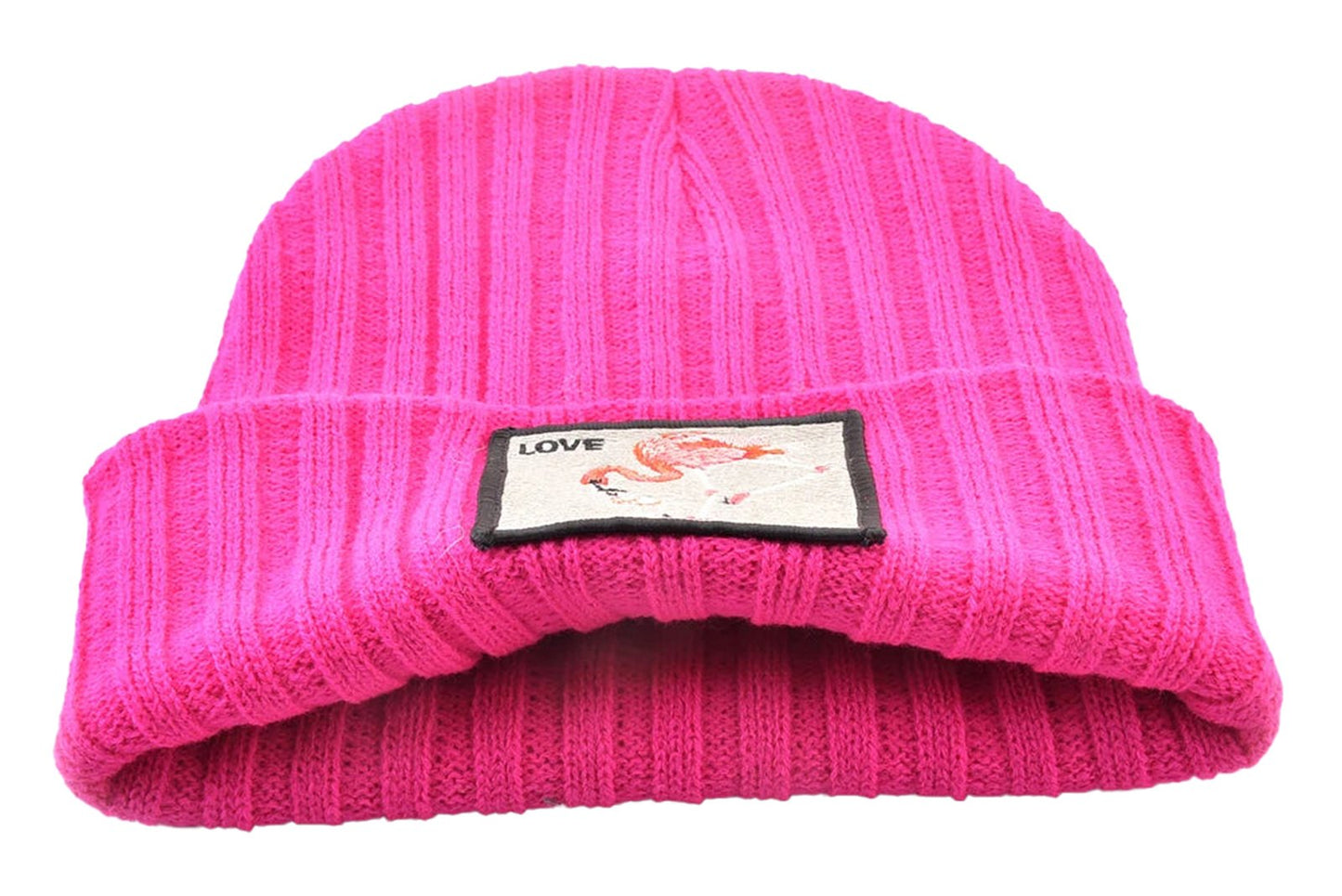 Bright pink LuckeLadybug embroidered beanies for women with a stylish love patch