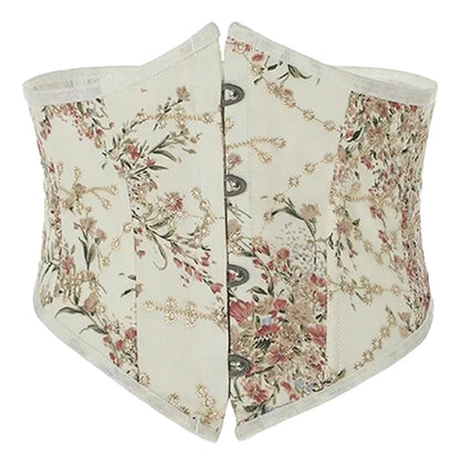 LuckeLadybug LLC embroidered underbust corset featuring a floral design and front buttons