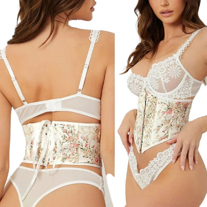 LuckeLadybug LLC embroidered underbust corset in floral design with lace detailing for a stylish look