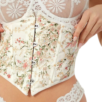 Floral design embroidered underbust corset by LuckeLadybug LLC with front busk closure
