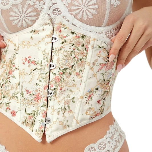 Floral design embroidered underbust corset by LuckeLadybug LLC with front busk closure