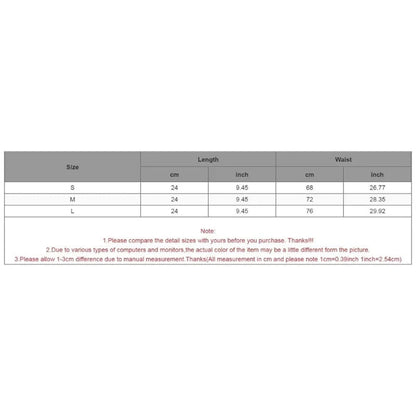 Size chart for embroidered underbust corset showing length and waist measurements for sizes S, M, and L