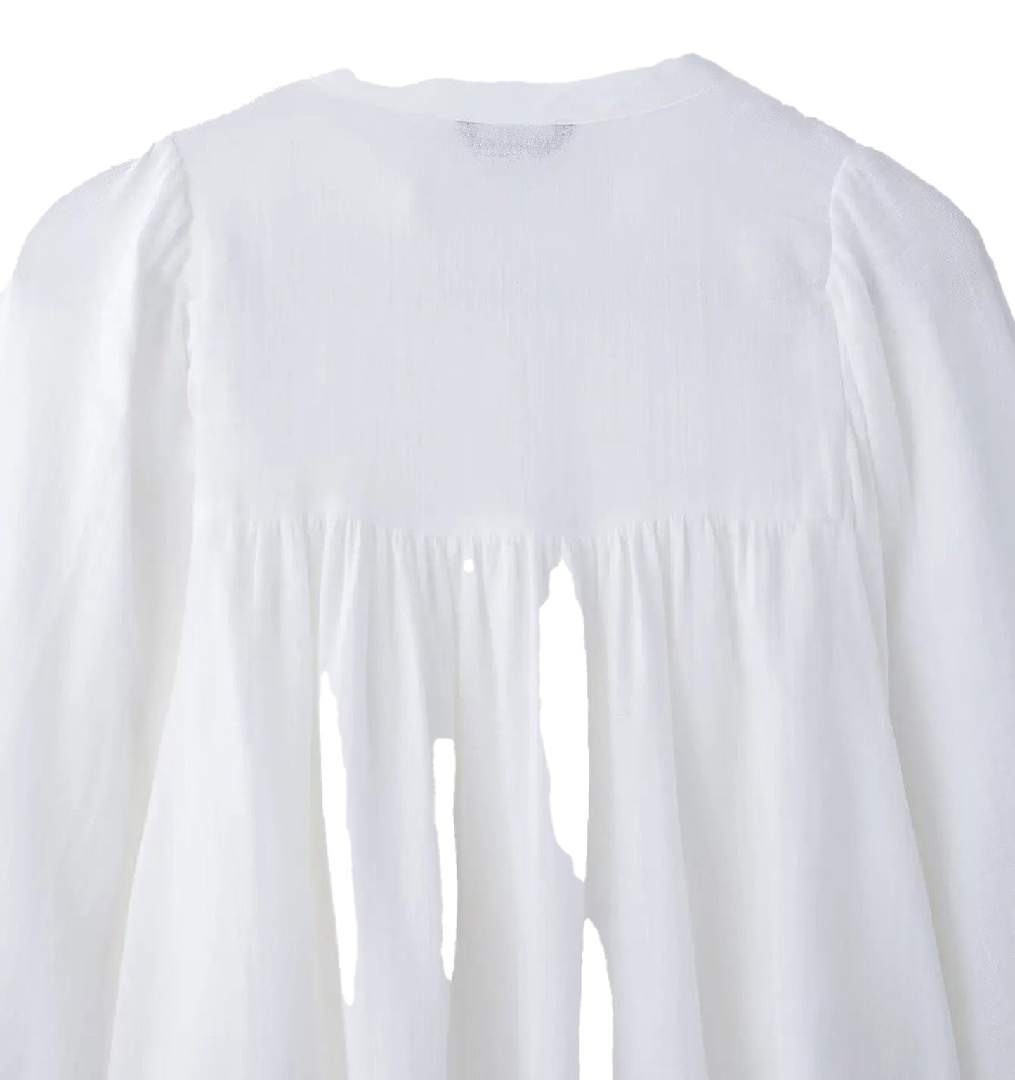 Back view of a breathable embroidered white blouse for women with relaxed fit and delicate design