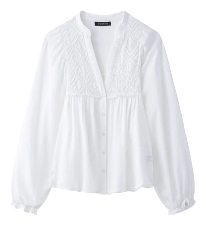 LuckeLadybug LLC embroidered white blouse for women with a stylish design and button closure