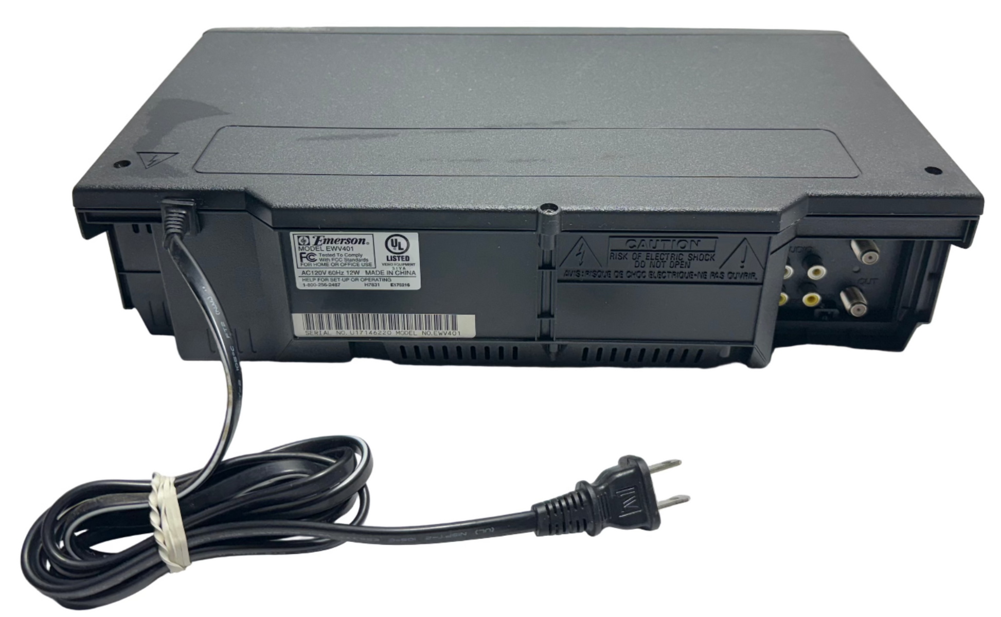 Back view of the Emerson EWV401 VCR showing connections and power cord for easy setup