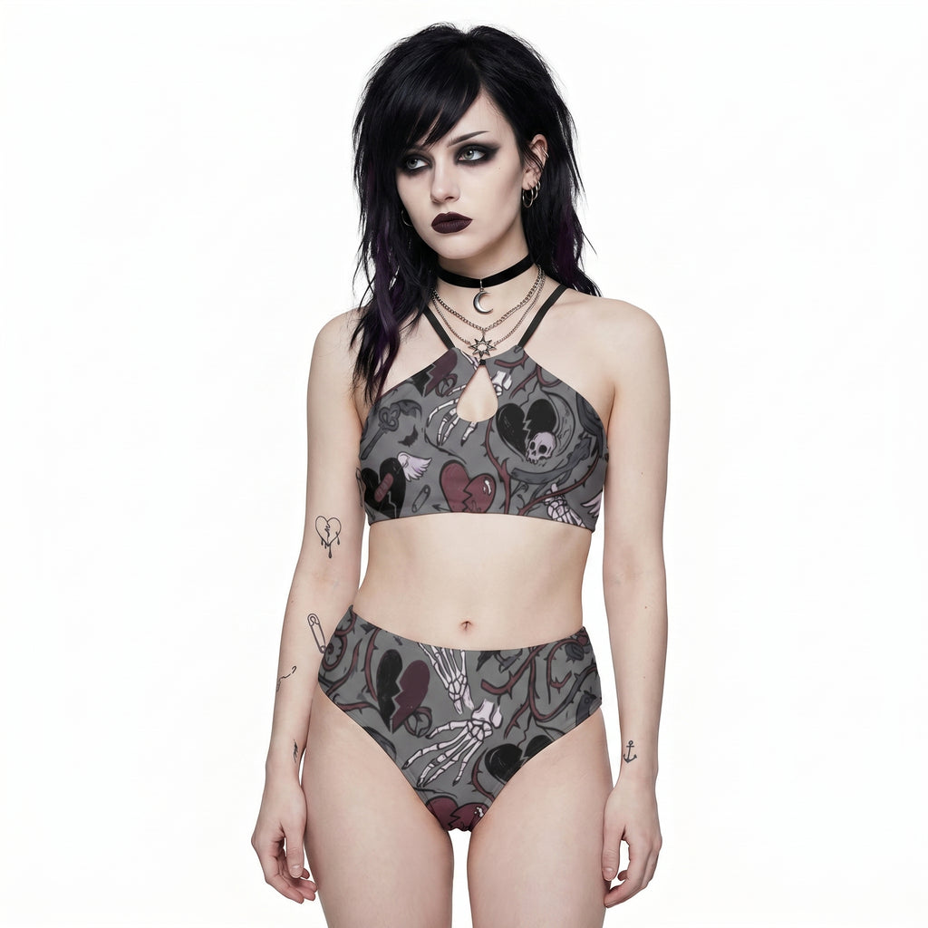 LuckeLadybug emo swimsuit featuring a stylish skull and heart design with a trendy high-waisted cut