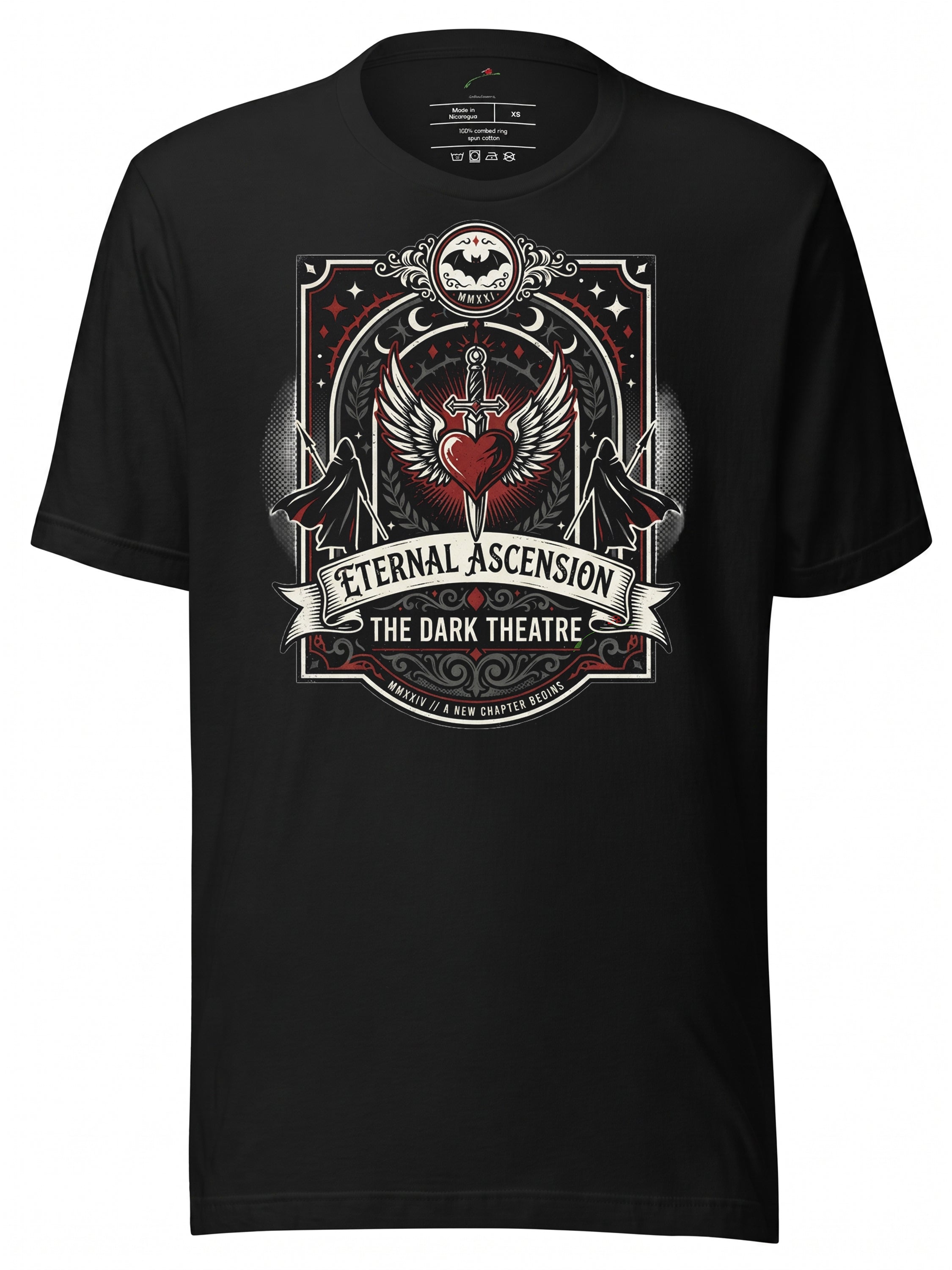 Black T-Shirt featuring Enhypen Eternal Ascension design with heart and wings
