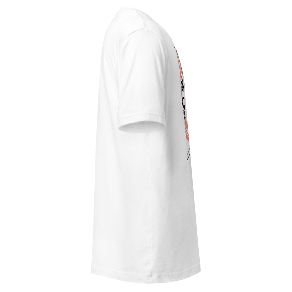 Printful white T-shirt side view featuring Epic Warrior Samurai Illustration Tee design