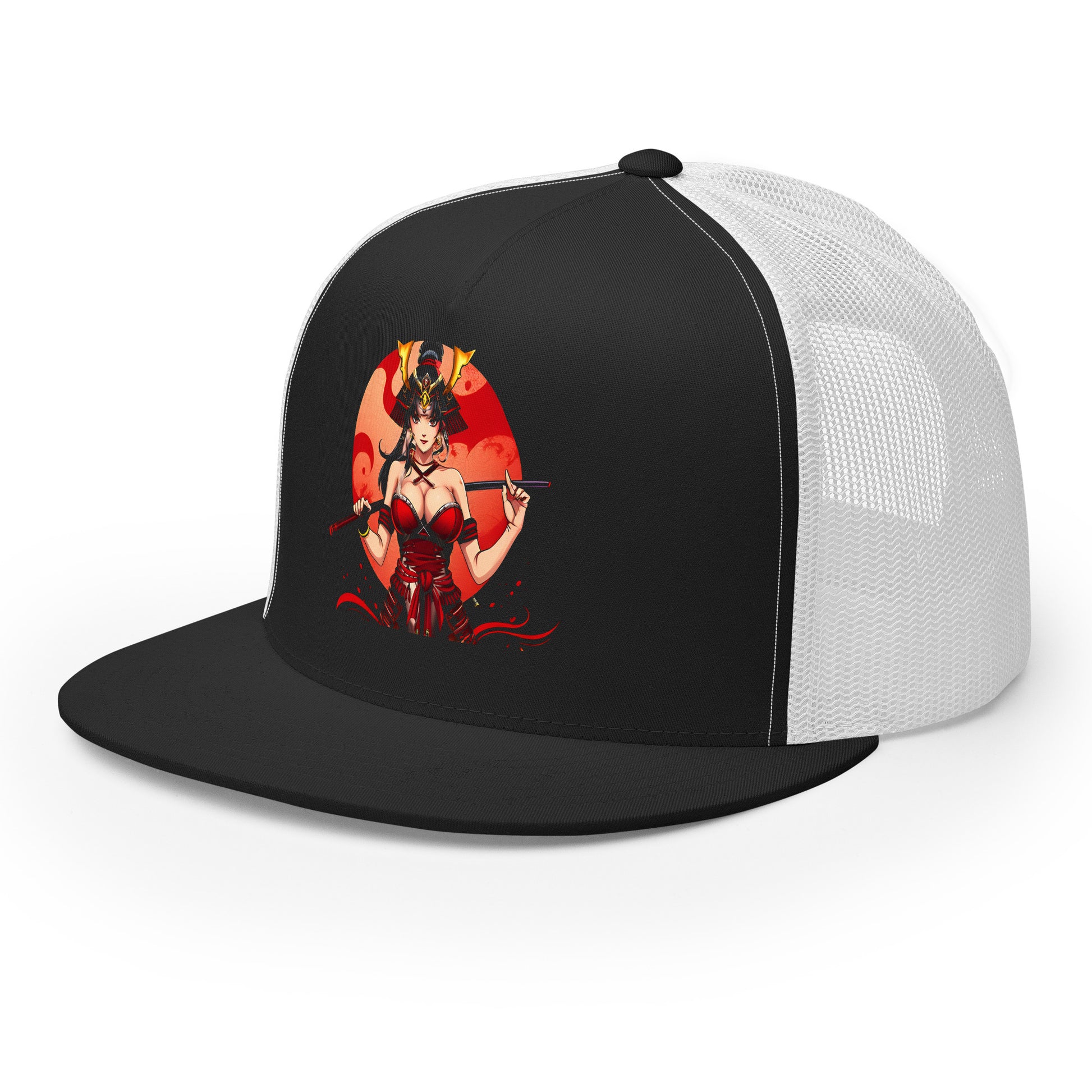 LuckeLadybug black and white trucker hat featuring an epic warrior streetwear cap design with a red warrior woman graphic