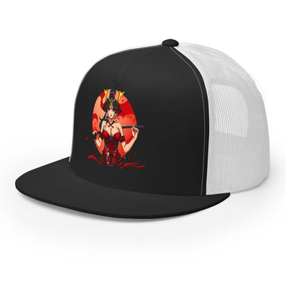 LuckeLadybug black and white trucker hat featuring an epic warrior streetwear cap design with a red warrior woman graphic