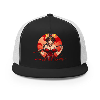 LuckeLadybug trucker hat featuring an epic warrior streetwear cap design with bold red and black colors